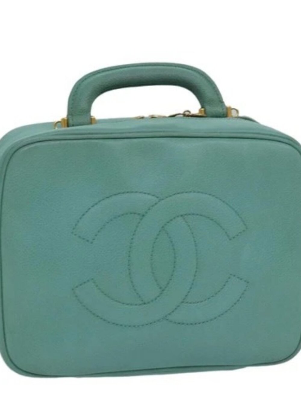 CHANEL Vanity COCO Mark Hand Bag Calf Skin Emerald Green CC Auth yk13974AV